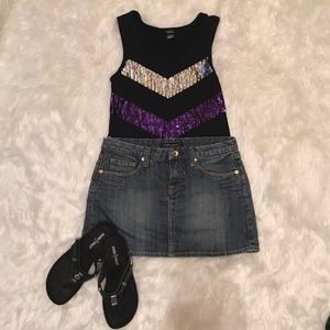 Dark wash denim mini skirt